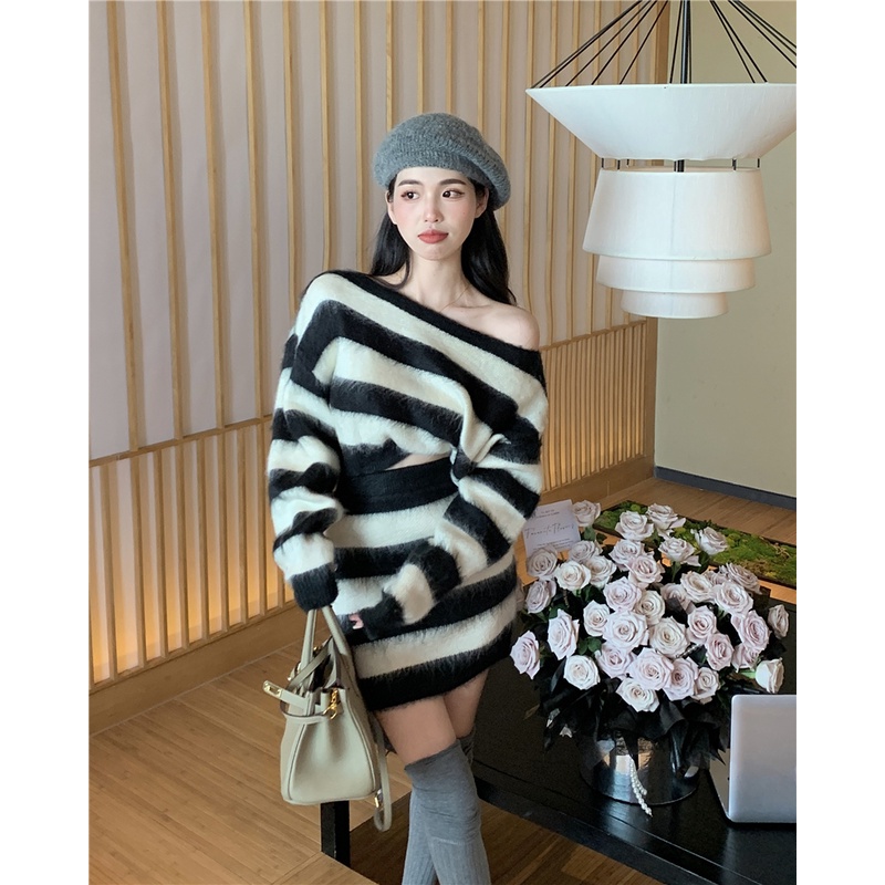 ┅Suhao setelan bergaris hot girl sexy pendek rajut sweater wanita rok musim gugur tas pinggul rok rok dua potong set