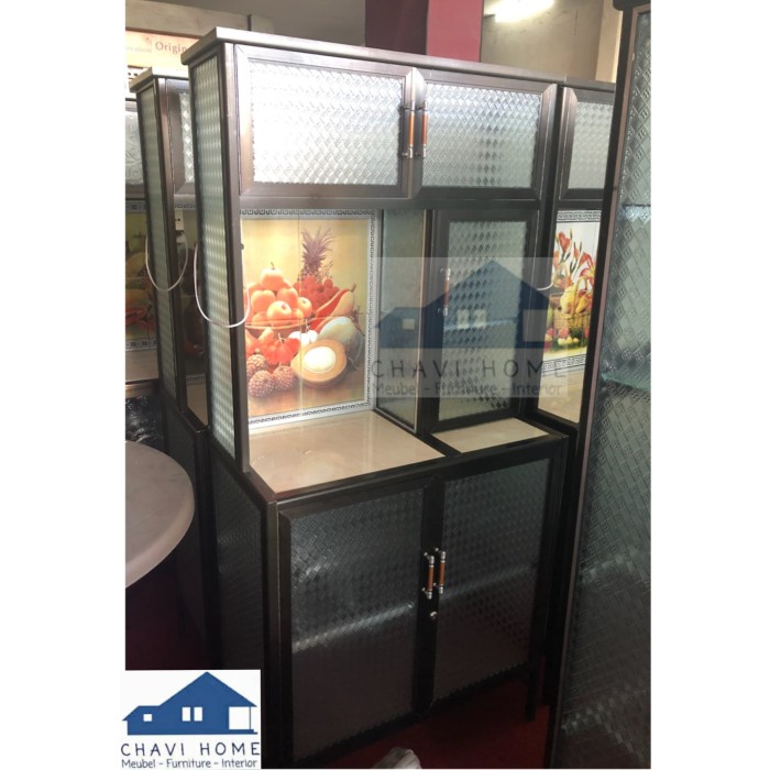 {OkaStore} rak piring aluminium 2 pintu meja keramik kaca es lemari piring dapur Berkualitas