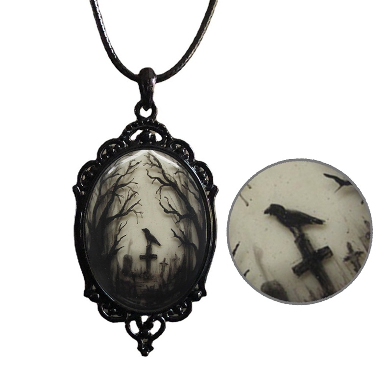 Gothic Hitam Kucing Hutan Pesona Kalung Fashion Penyihir Perhiasan Hadiah Gothic Salib Gagak Kaca Liontin Kalung