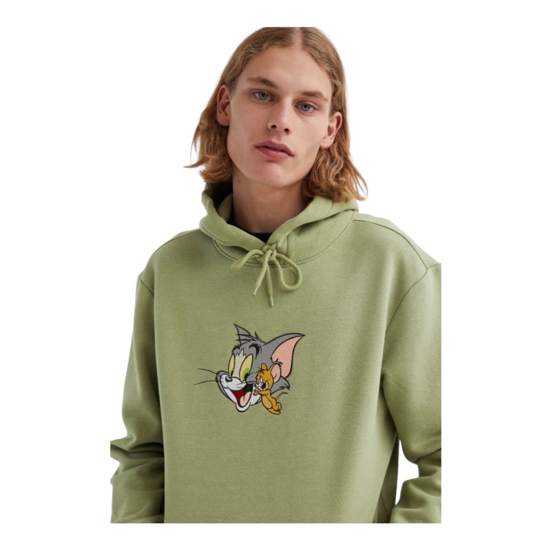 ( 8.8 ) Hoodie H&amp;M Unisex Sablon Tom and Jerry Green Army Hijau, Flecee Katun Lembut Tebal, Free Papperbag