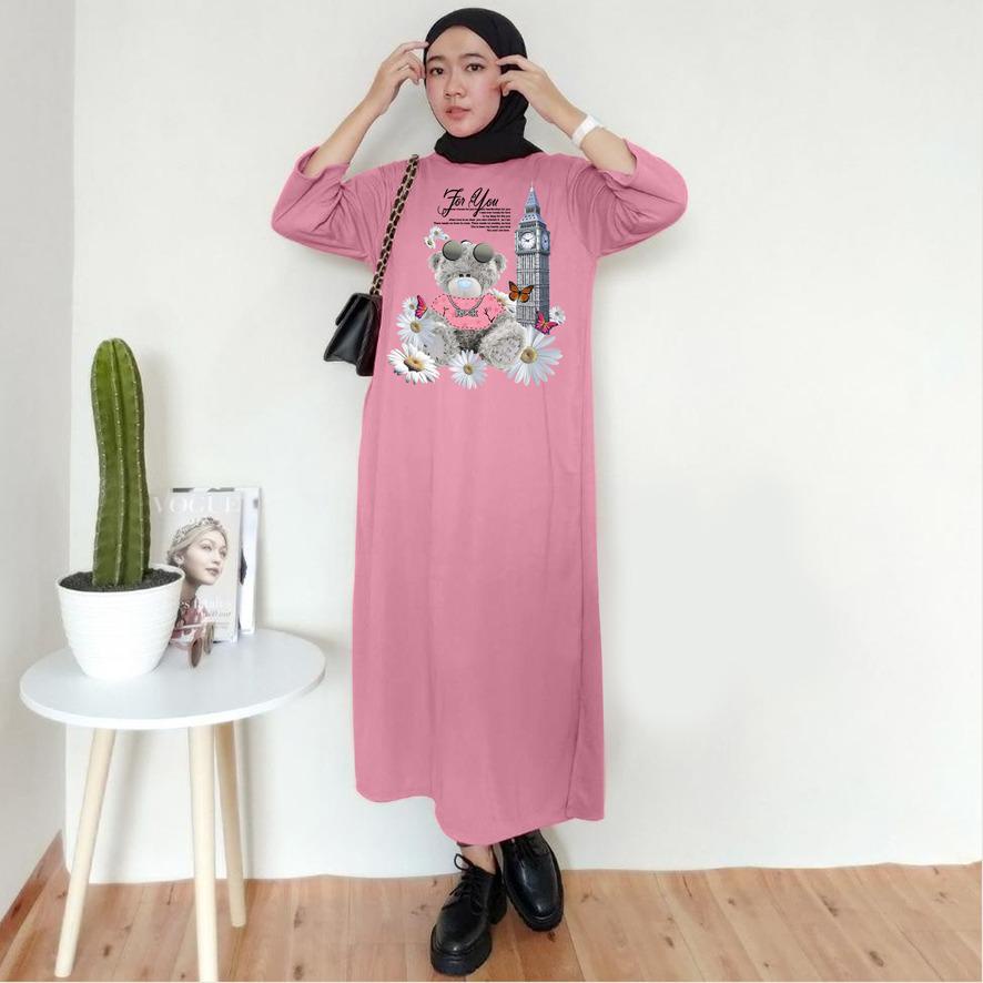BAJU DRESS OVERSIZE BASIC DTF BUNGA BEAR / OVERSIZE TUNIK PREMIUM DIGITAL PRINT