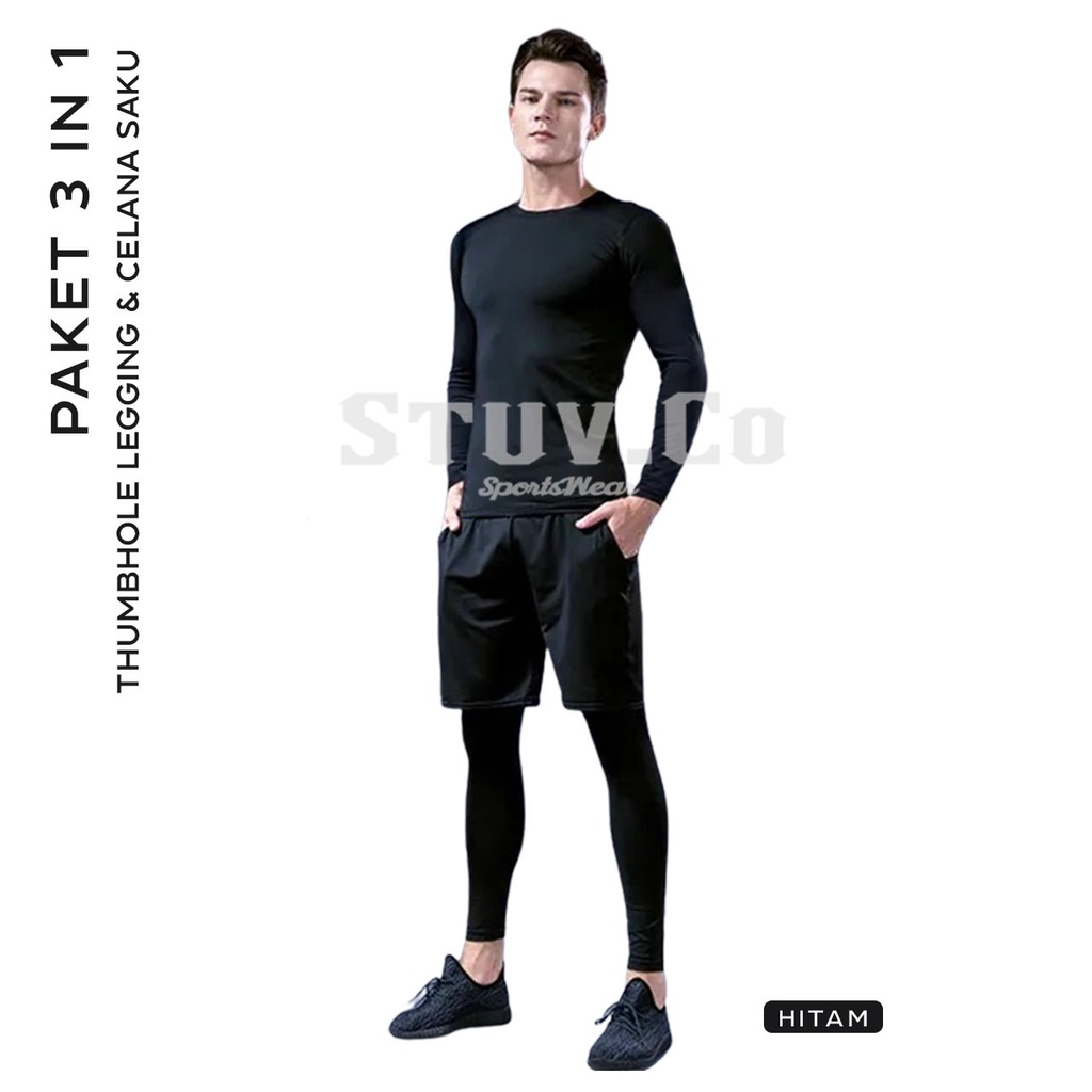 PAKET STELAN OLAHRAGA PRIA WANITA BASELAYER LENGAN PANJANG JARI LONGSLEEVE THUMBHOLE LEGGING PANJANG LEGING LONGPANTS CELANA OLAHRAGA SAKU JOGGING LARI SEPEDA SEPAKBOLA