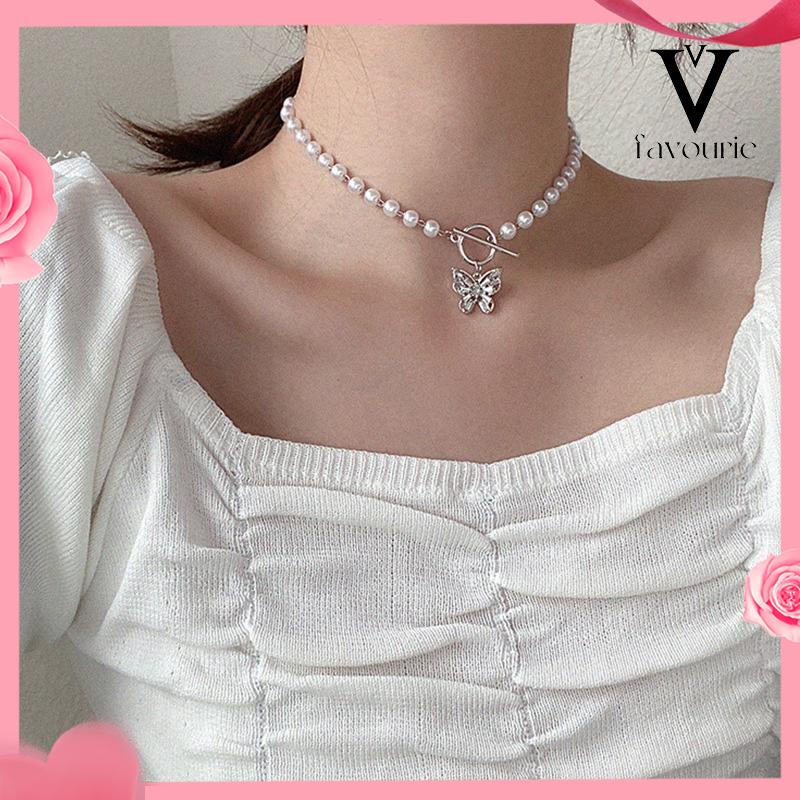 CODFashion Mutiara Manik-manik Kalung Elegan Kupu-kupu Liontin Klavikula Kalung Aksesoris Wanita-FA