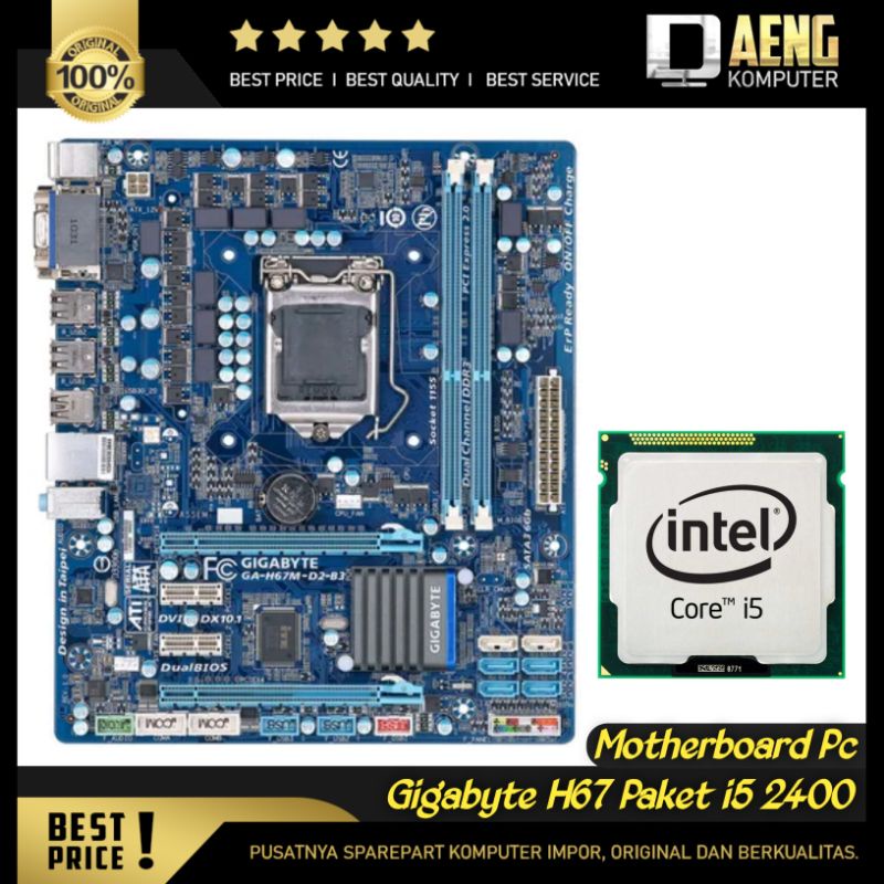 Motherboard Mainboard Mobo Pc Merk Gigabyte H67M Paket Prosesor Intel Core i5 2400 3.10 GHz
