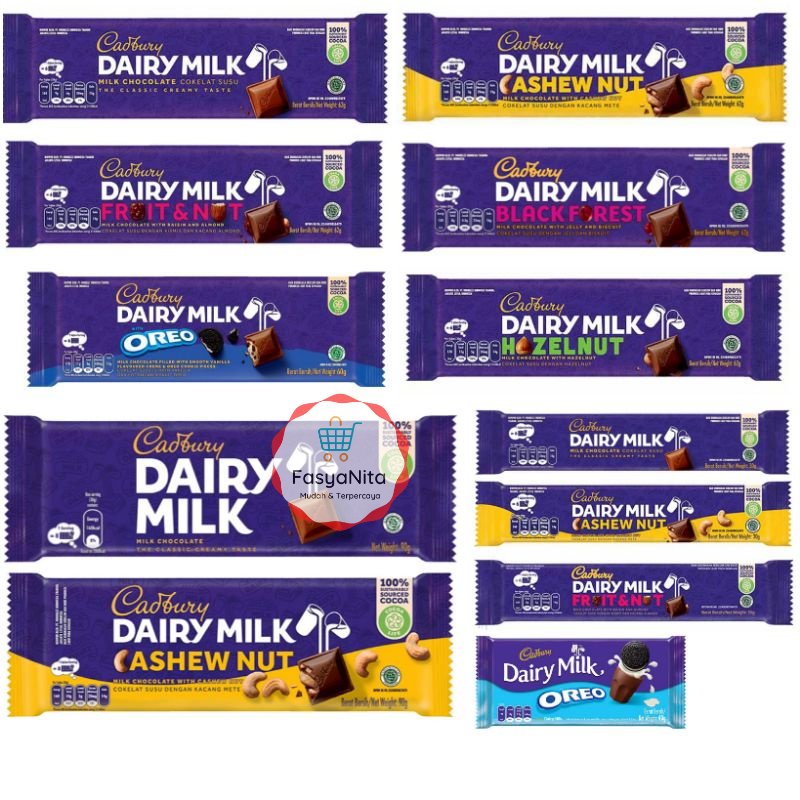 

Cadbury Dairy Milk Aneka coklat Oreo milk cashew nut fruit lickables black forest hazelnut besar kecil