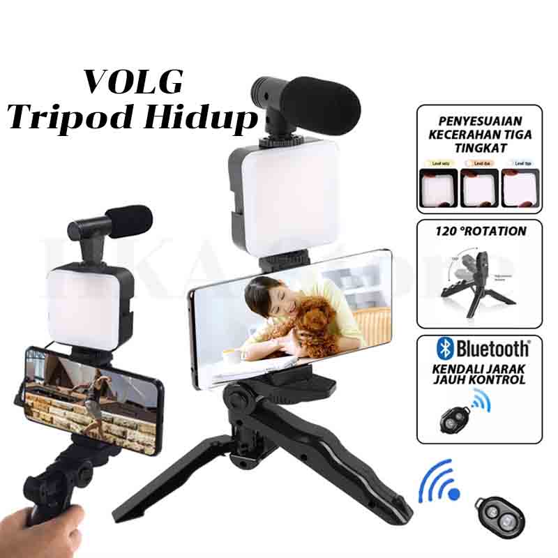 Vlogging Kit Paket Vlog 5in1 AY49 LED Light Tripod Phone Holder Microphone Remote Shutter