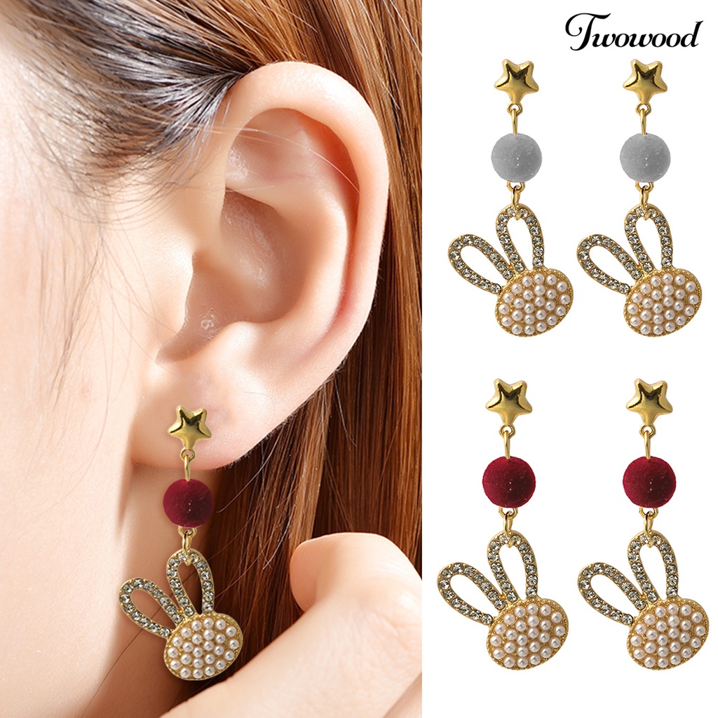 Twowood 1pasang Anting Menjuntai Manis Berlian Imitasi Mutiara Imitasi Bintang Gaya Korea Musim Dingin Musim Gugur Lucu Kelinci Pompom Stud Earrings Untuk Pacaran