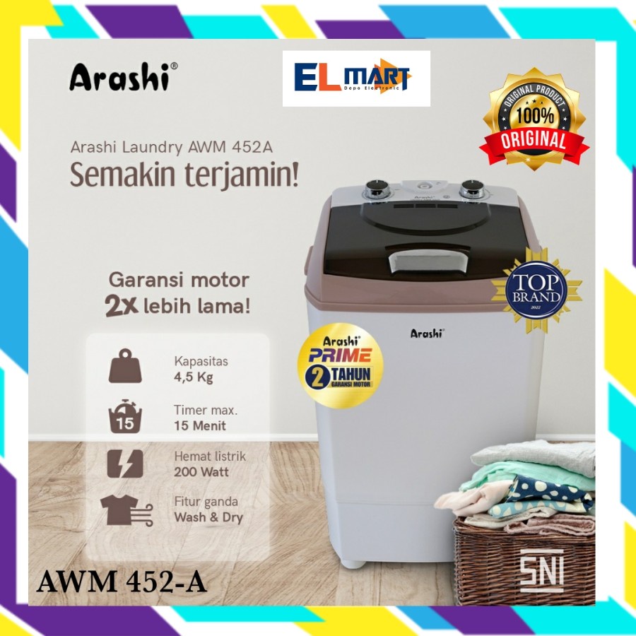 Mesin Cuci Portable Arashi Prime AWM 452 A 452A 4,5kg Laundry Mini Link Ekspedisi