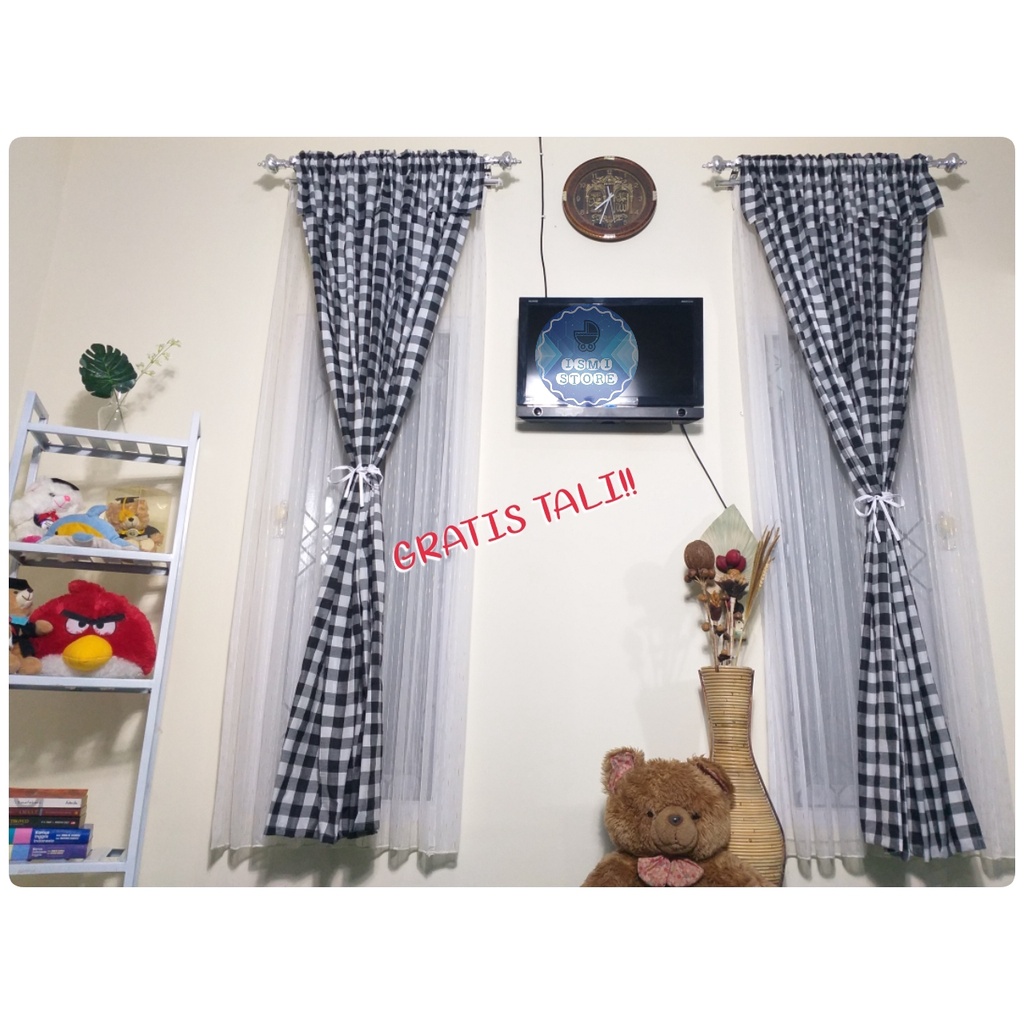 GORDEN PINTU / Tirai JENDELA Minimalis Berhias PONI POLOS FREE Tali Motif Kotak Gingham Unik Kekinian Gordeng Jendela by Ismi Store