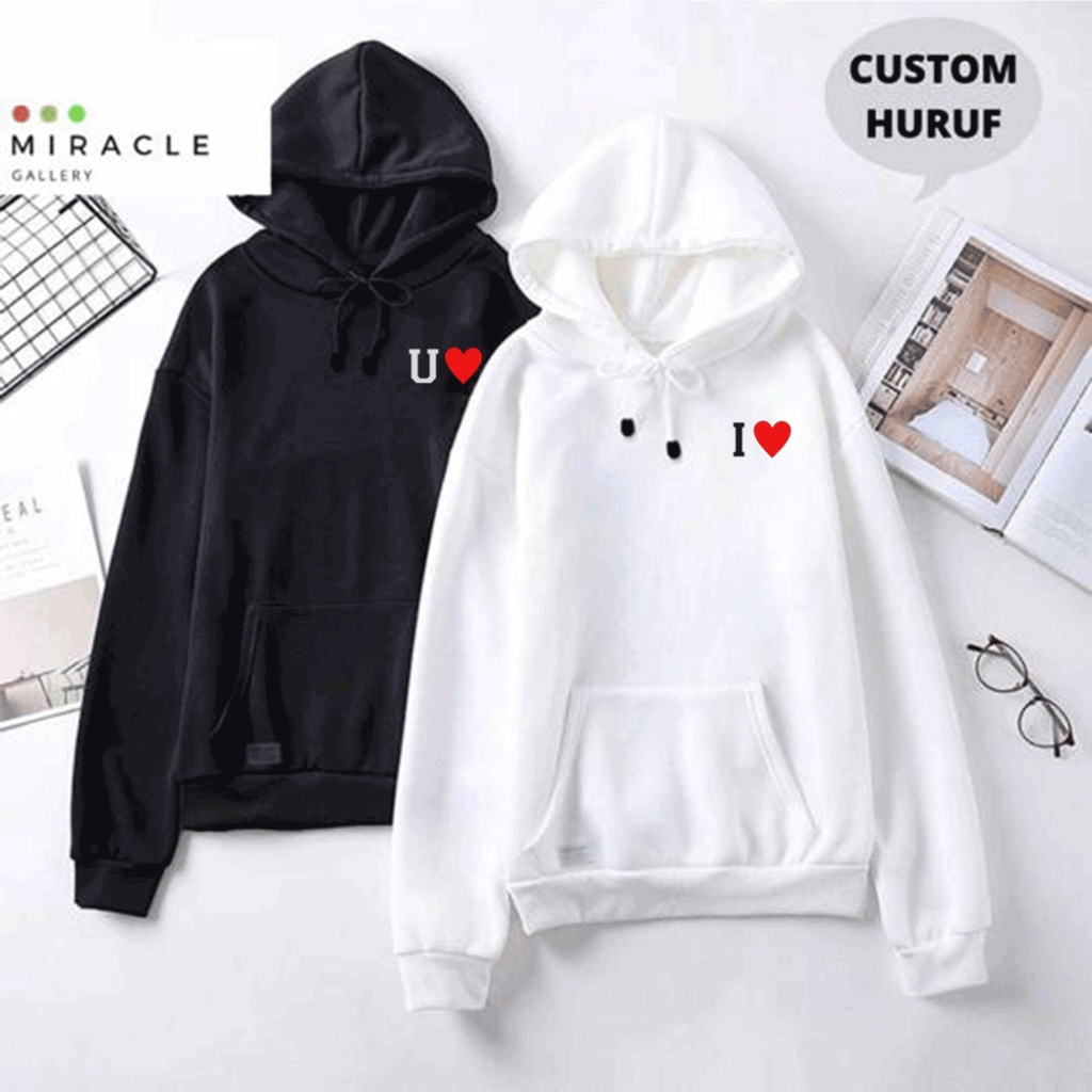 Sweater Hoodie Couple / Jaket Pasangan CUSTOM HURUF INISIAL KECIL LOVE Bahan Fleece Premium