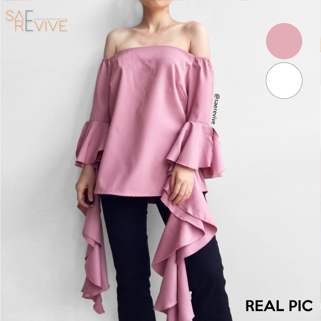 SAE REVIVE - Baru Dgn Tag (S) Alexa Blouse Atasan Sabrina Lengan Panjang Flare Rempel Pink Putih Pol