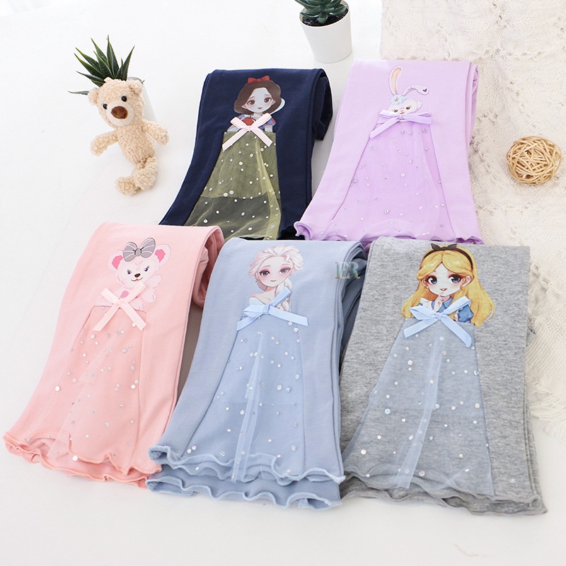 LNR Shop Legging Anak Perempuan Import 3D Motif Princess Frozen Elsa Alice Stella Lou Shellis May Celana Panjang Ketat Cutbray Skinny Autumn Kids Clothes Hot Pants Cartoon Stretch Bahan Katun Elastis Lejing Lejjing