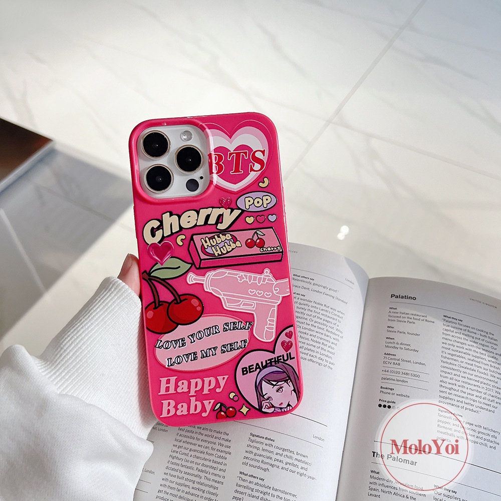 IPHONE Case Kompatibel Untuk Iphone14 11 13 12 Pro Max XR 78 Plus X XS Max SE 2020 Permen Glossy Shockproof Protection Camera Ros Red Kartun Label Cherry Lembut Tpu Silicon Back Cover