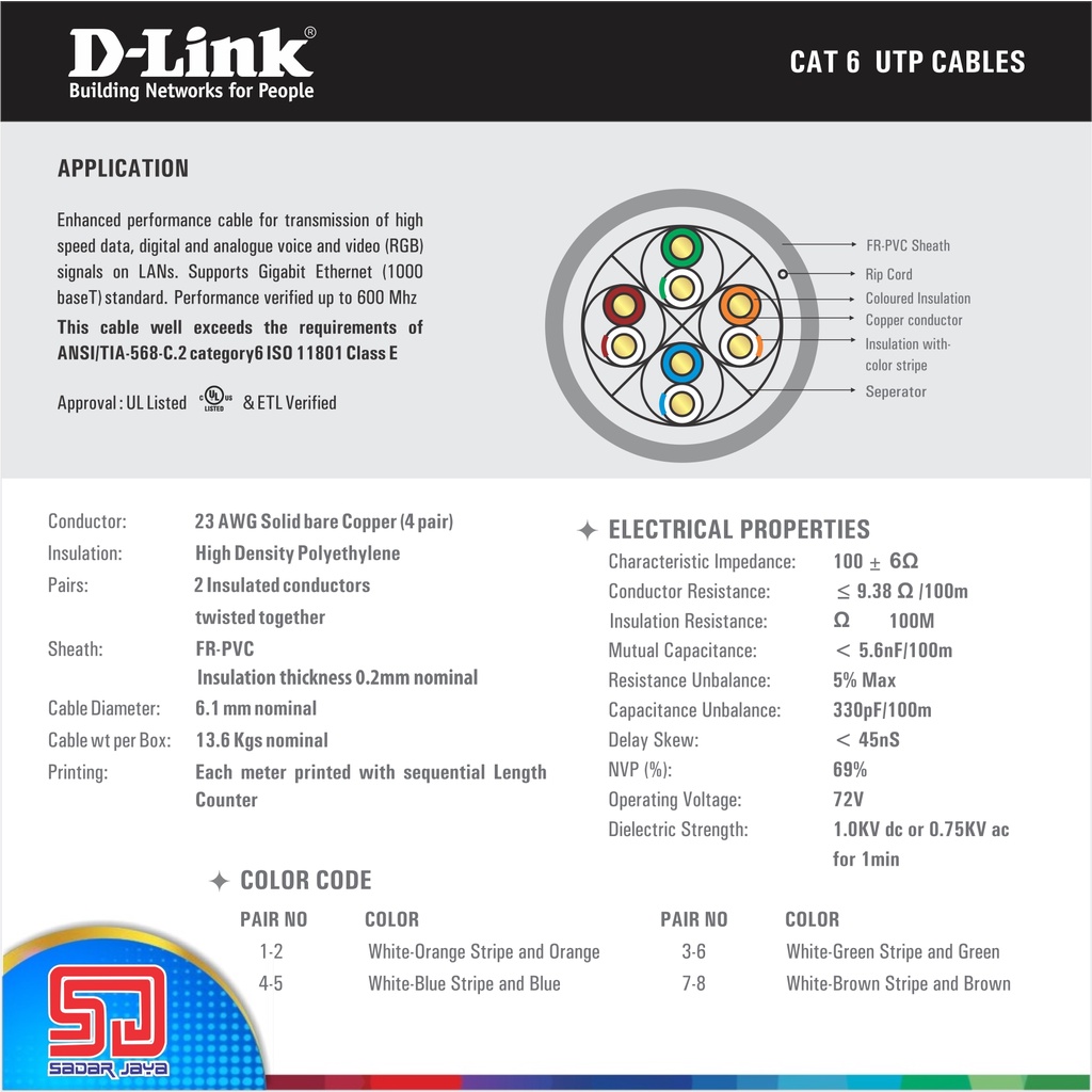 D-Link Solid Kabel LAN CAT6 UTP Jaringan Internet Roll 305meter 23AWG