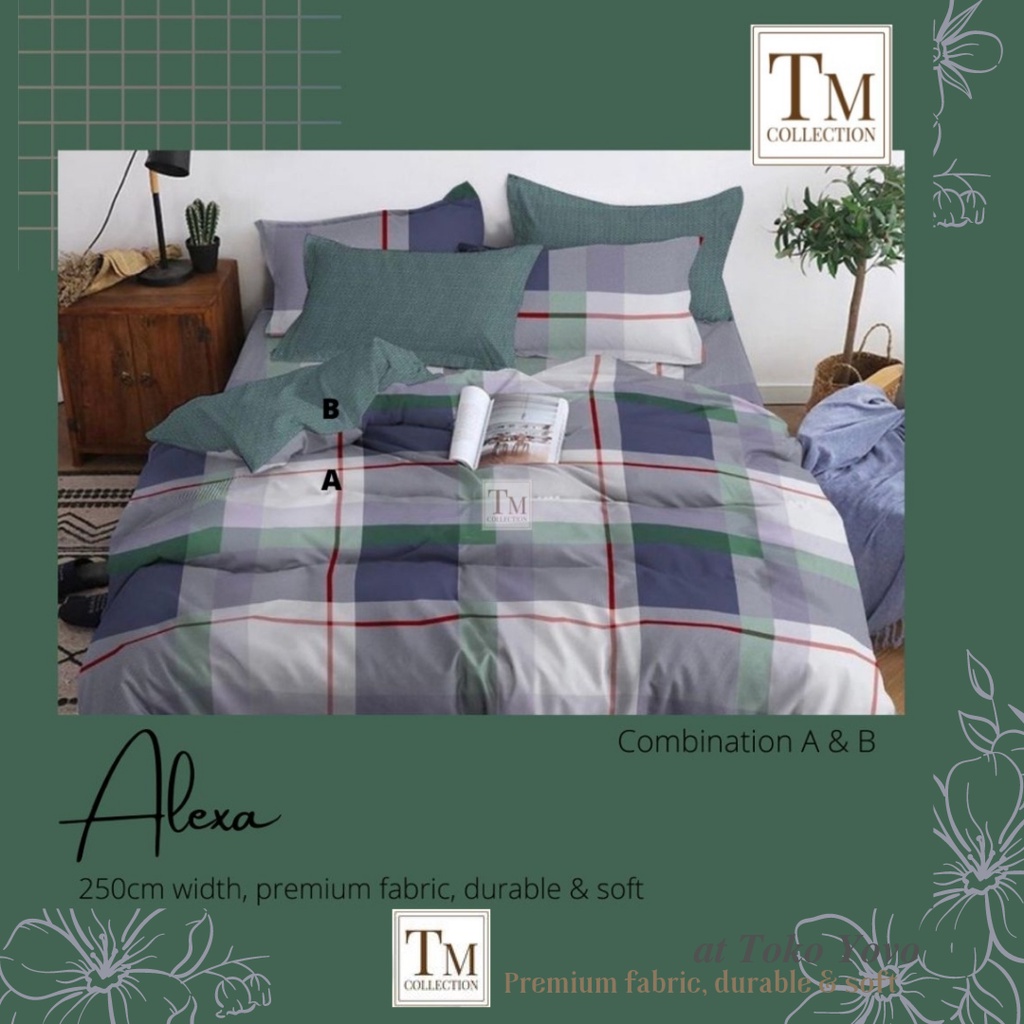 Sprei Katun Halus Pria TM Alexa Kotak Grey Ungu Nila Putih Seprei