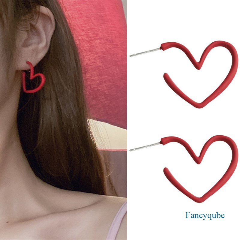 Daily Red Hearts Girls Hoop Earrings Love Anting Bohemian Lucu