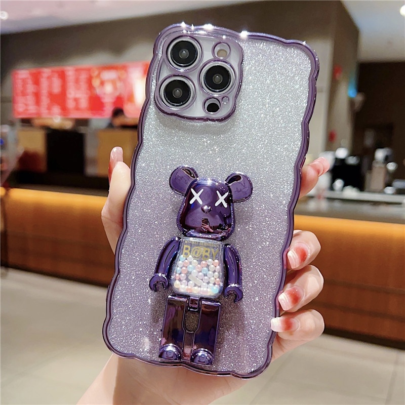 IPHONE Casing Ponsel Holder Beruang Glitter Gradasi Motif Gelombang Mewah Kompatibel Dengan Iphone14 13 12 11 Pro Max14 Plus Anti Jatuh Anti slip Soft Casing