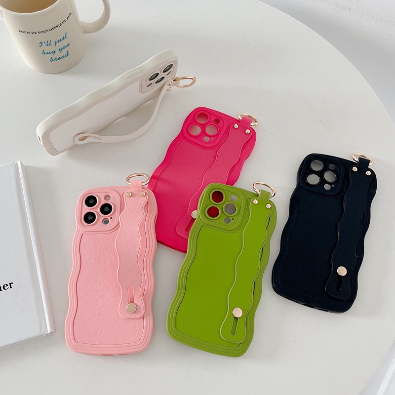 Wave Wrist strap Tali Kulit SoftCase iPhone 6S 78 Plus XR XS Max 11 12 13 14 Pro Max14 Plus Melindungi Casing Hp Lucu Warna Hijau Putih Ungu