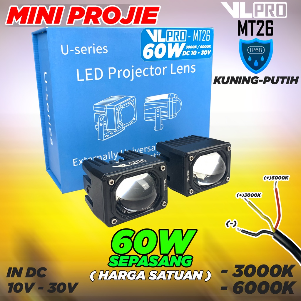 Mini Projie VLPRO MT26 Foglamp Laser Gun 12V 24V Original Kuning Putih Hi-Low Jauh Dekat Lampu Temba