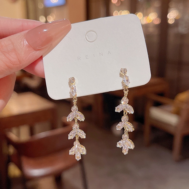 Anting Perak925An Perak Jarum Zirkon Daun Panjang Anting Fashion Wanita Stud Earrings