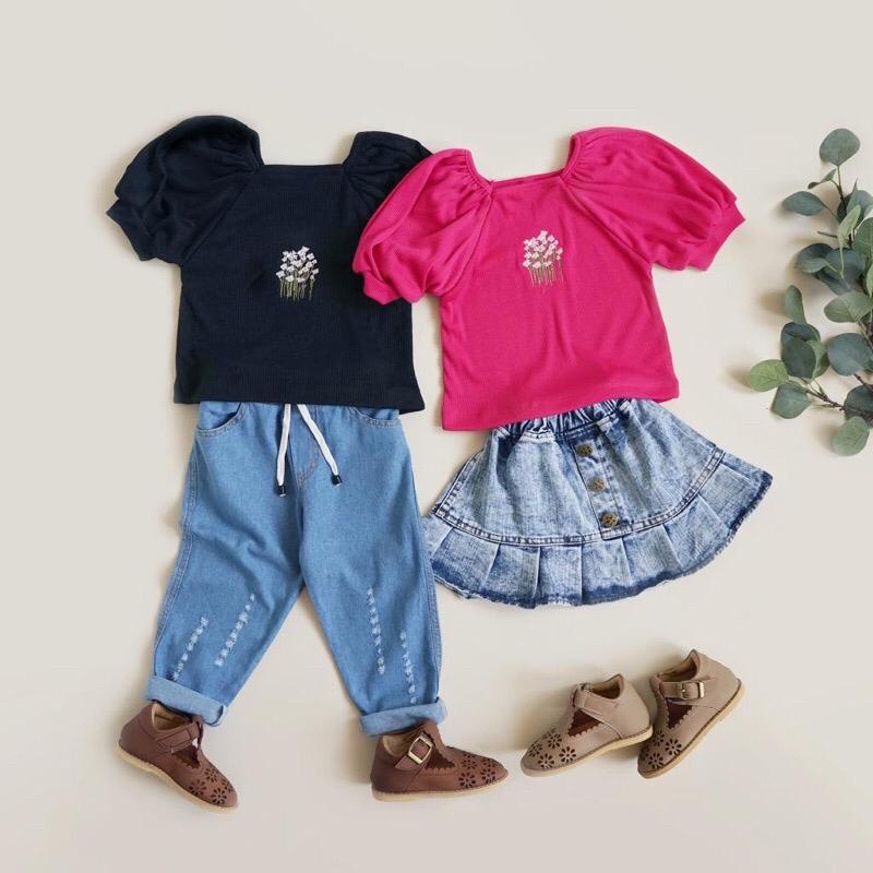 LITTLE CARACAL FLO BLOOMY TOP ATASAN ANAK PEREMPUAN KAOS ANAK PEREMPUAN RIB LENGAN BALON BORDIR