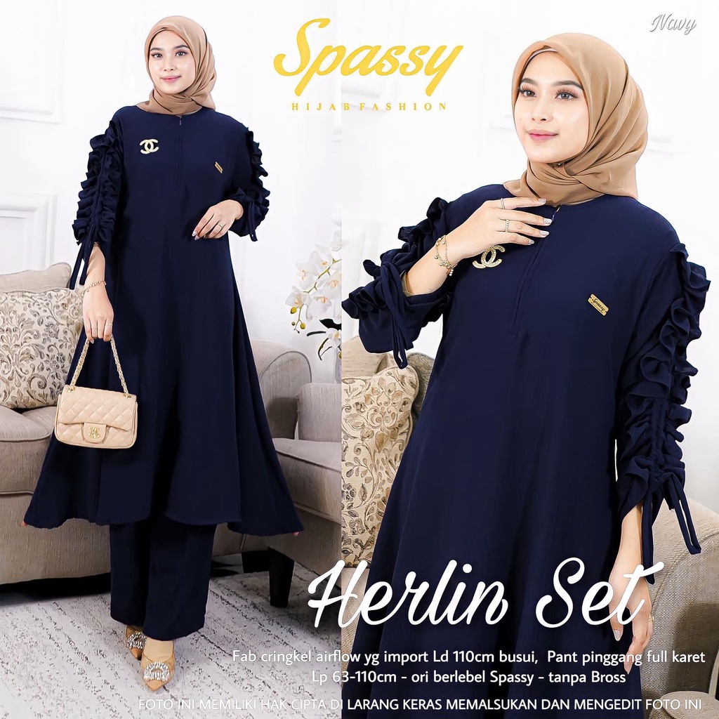 Setelan Wanita Terbaru Herlin Set Baju Putih Long Tunik Muslim Celana Panjang One Set Wanita Kekinian Matt Cringkle AirFlow