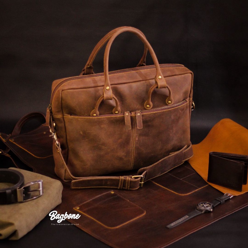 KOMPANY Briefcase laptop 14" with Crazy Horse Leather | Briefcase kulit asli Crazy Horse | Tas lapto
