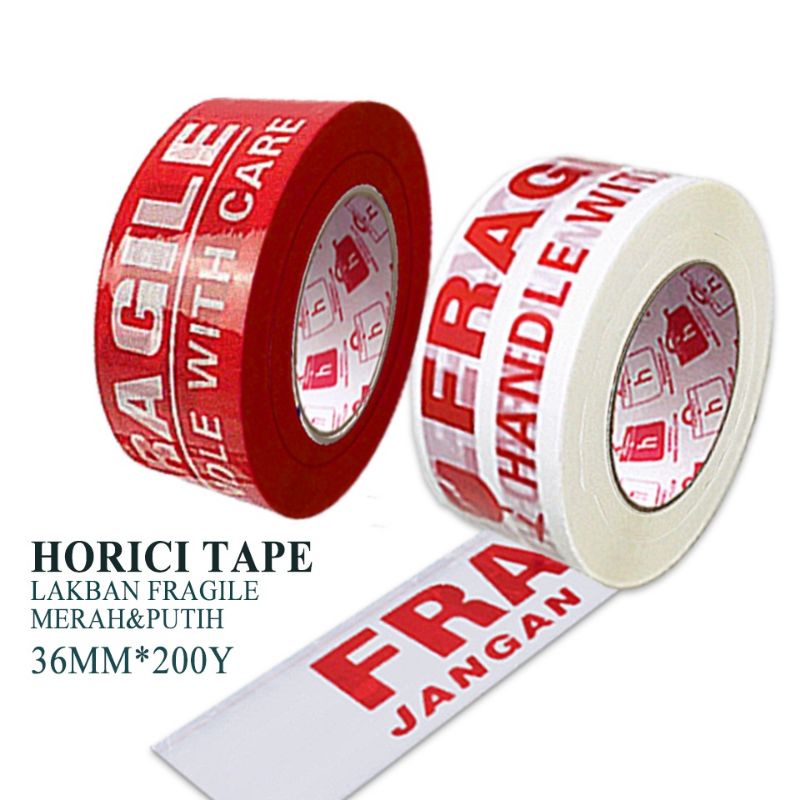 HORICI TAPE 36MMx200Y lakban Fragile Jangan di banting Isolasi Mudah Pecah Belah