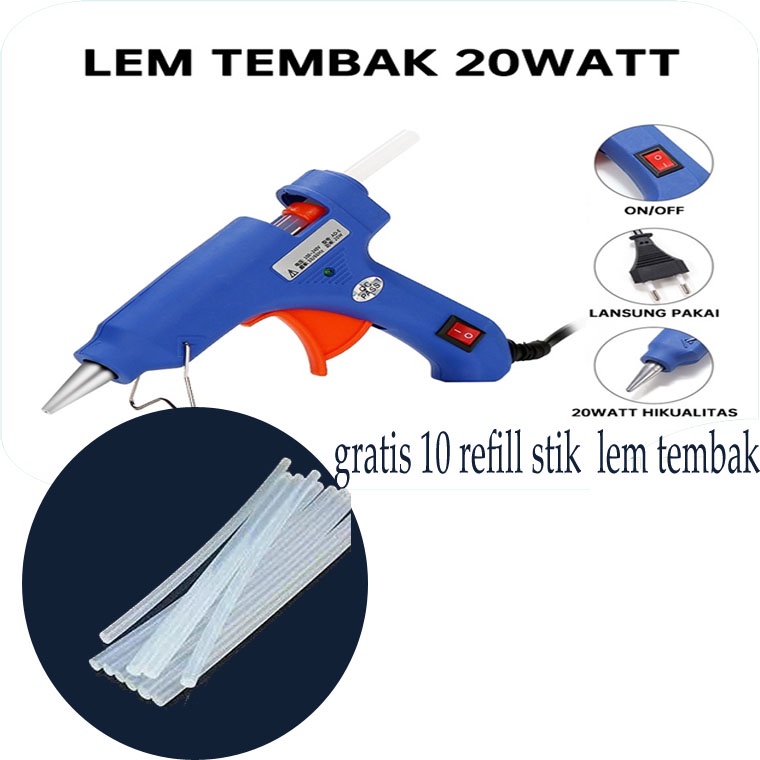 Pajet Lem Tembak BIRU ON/OFF / Hot Melt Glue Gun On Off 20WATT Free 10 Stik Refill Lem Tembak