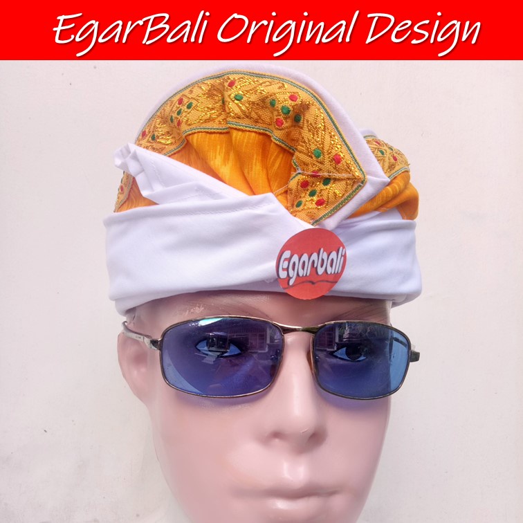 EgarBali udeng putih tepi  endek cepuk kuning