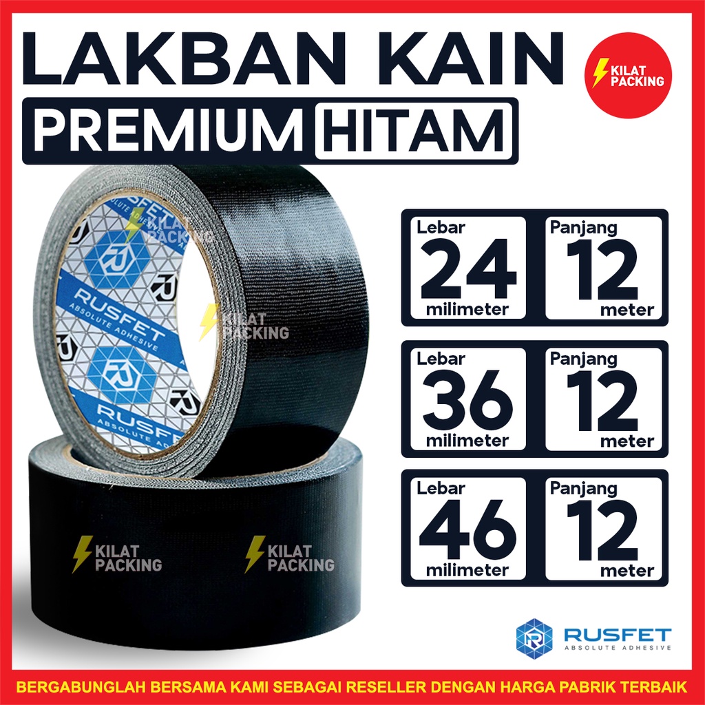 LAKBAN KAIN PREMIUM / CLOTH TAPE RUSFET WARNA HITAM / LAKBAN TEBAL TERMURAH SATUAN