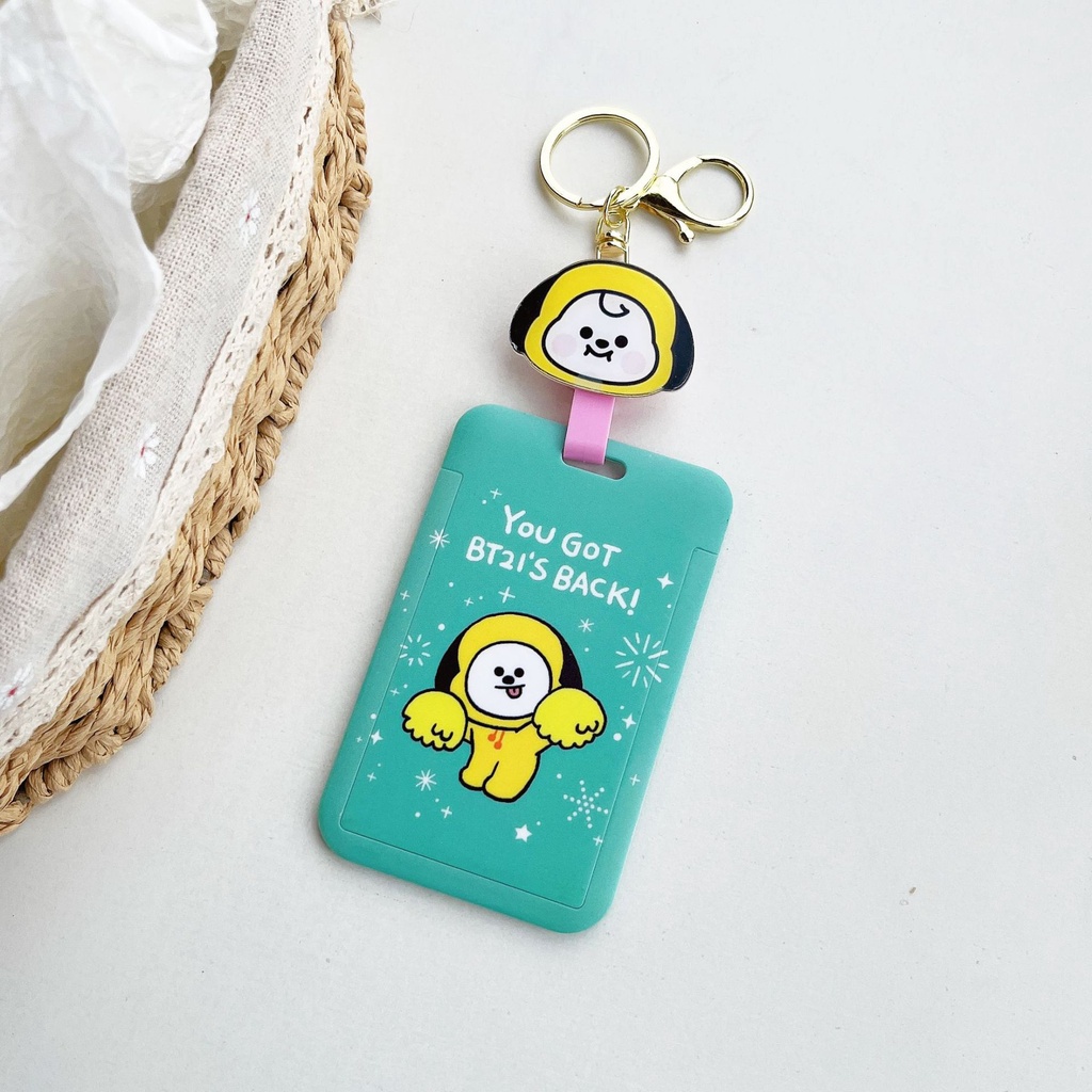 KPOP BTS BT21 Card Holder Hard Case TATA COOKY Photocard Protector Key Ring dengan Rantai Gantung yang Dapat Direnggangkan