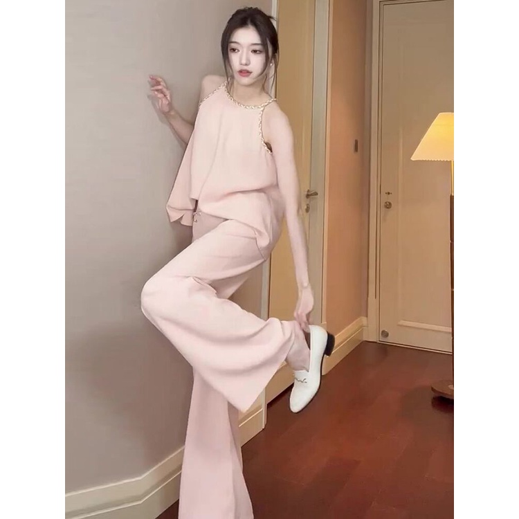 Suhao kasual fashion setelan profesional Yujie Fried Street merah muda atasan tanpa lengan lebar kaki celana setelan jas wanita Hong Kong rasa