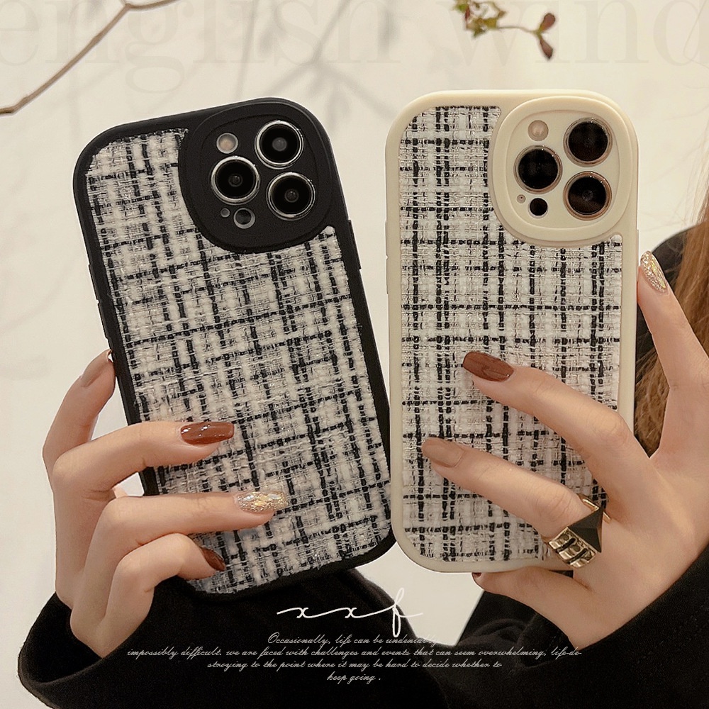 Ins Fashion Tweed Kain Ponsel Case Cover Untuk Iphone X XR Xs 11 12 13 14 PLUS PRO MAX Perlindungan Penuh Shell