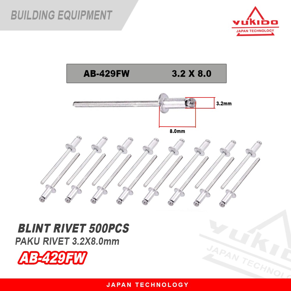 Paku Rivet blint rivet 1 box 500pcs #423 3.2X7.0MM  #429 3.2X8.0MM  #435 3.2X9.5MM #440 3.2X11MM #450 3.2X12.7MM  #523 4.0X7.0MM  #529 4.0X8.0MM  #537 4.0X9.5MM  #665 4.8X16MM  #675 4.8X19MM
