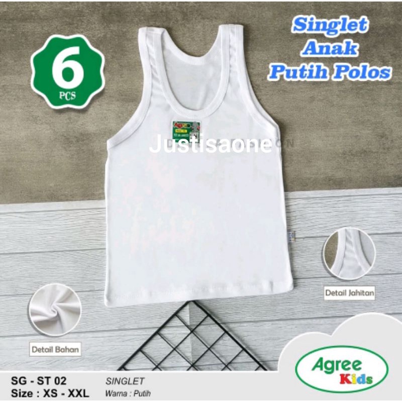 6 Pcs Singlet Agree ST 02 Putih | Singlet anak polos | Kaos Kutang / Kaos Dalam / Singlet Putih / Agree Kids / kaos dalam anak