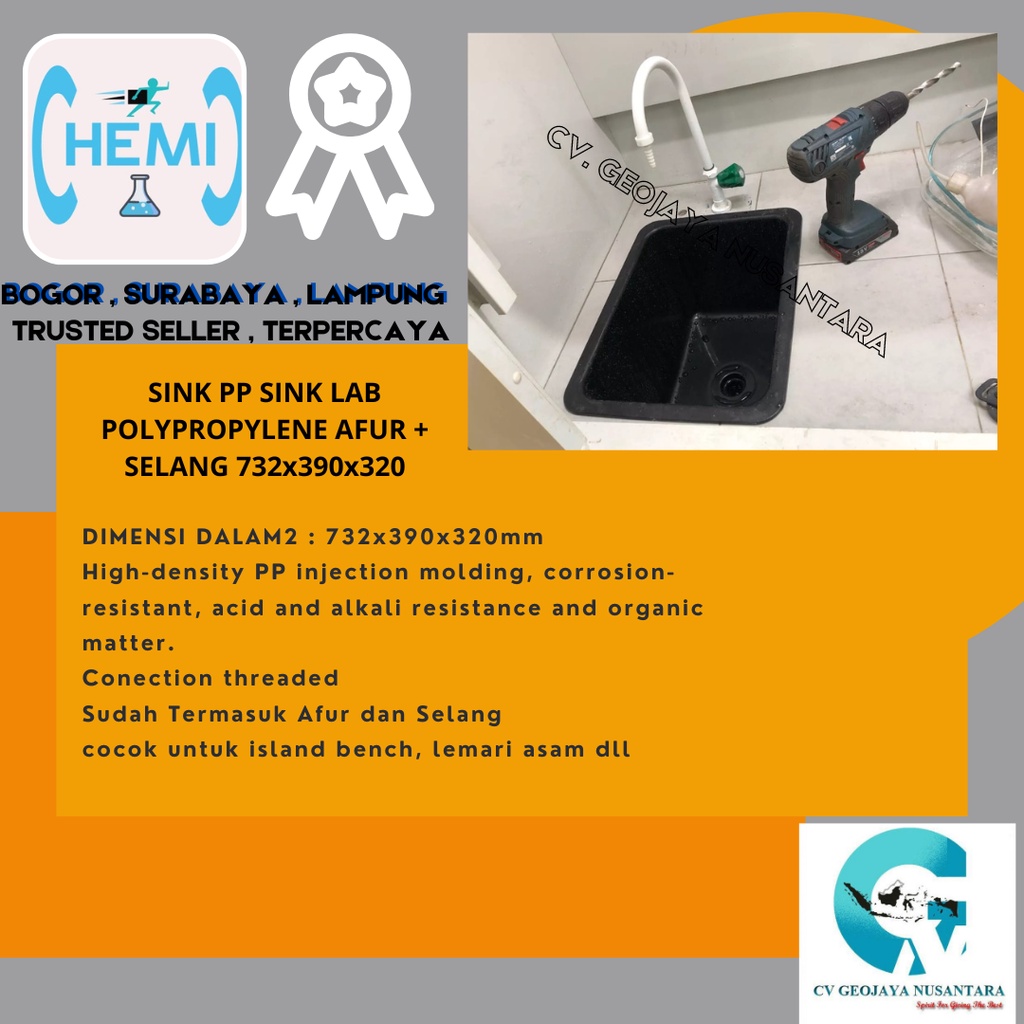 SINK PP SINK LAB POLYPROPYLENE AFUR + SELANG 732x390x320