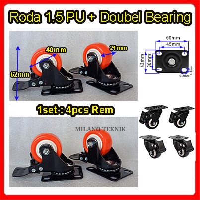 Roda PU 1.5 inch + Double Bearing(1set:4pcs Hrem) caster Troli 1.5&quot;