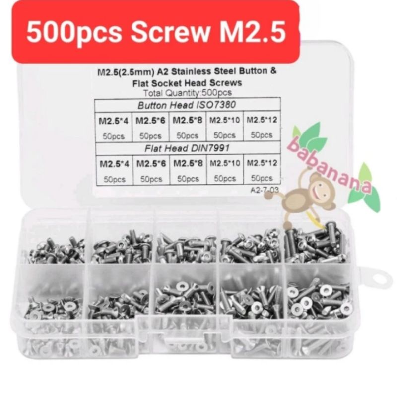 500pcs M2.5 Hex Screw Flat Head Button Head Baut Sekrup Stainless