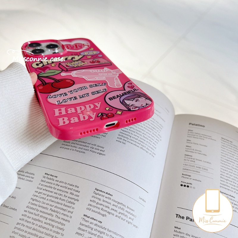 IPHONE Case Cocok Untuk Iphone7 8 Plus 11 13 12 14 Pro Max XR X XS Max SE 2020 Candy Glossy Shockproof Protection Camera Rose Red Label Kartun Cherry Lembut TPU Silicon Back Cover