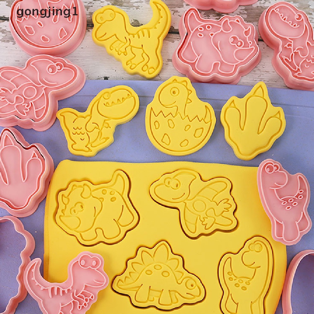 Ggg 8PCS Set Pemotong Kue Kering Dinosaurus 3D Kartun Dapat Ditekan Cetakan Biskuit Dinosaurus ID