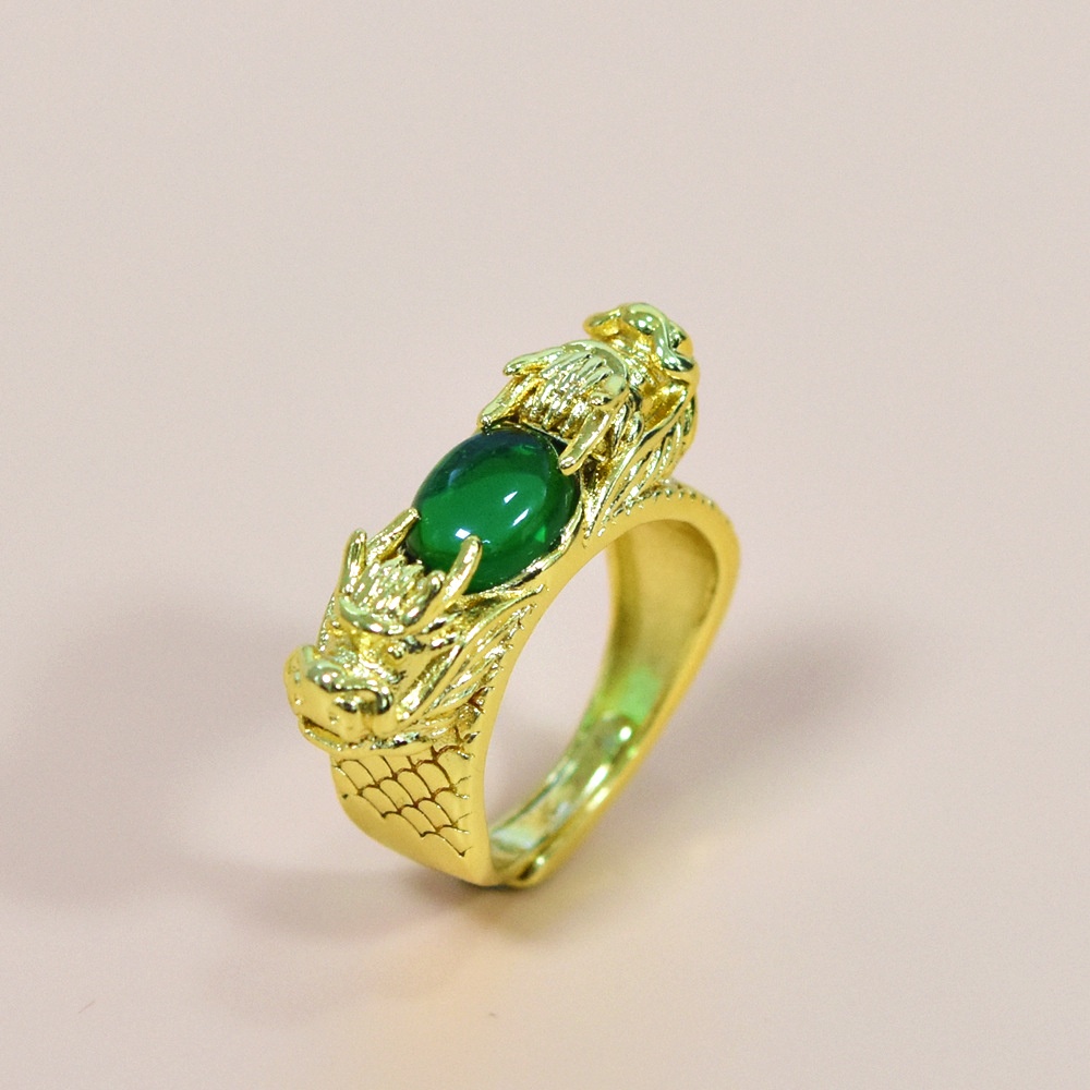 Goldkingdom Perhiasan Fashion Emas Asli Kadar 375Bangkok Aksesoris Ready Stock Berlapis Emas Cincin Pria Emas Set Giok Permata Naga Ganda Bermain Manik Pembukaan Cincin Yang Dapat Disesuaikan