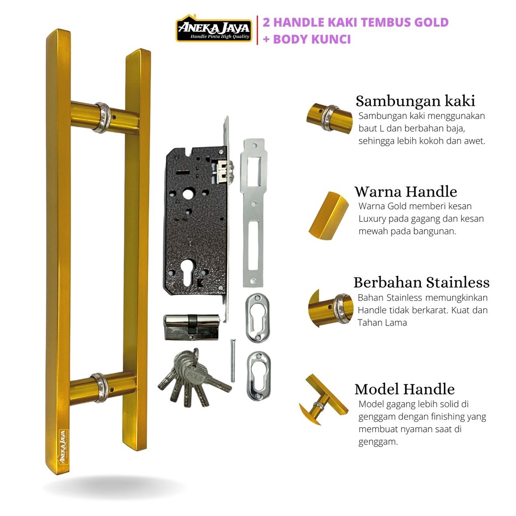 Handle Pintu Baut Tembus Set Kunci Panjang 60 cm 45 33 Gagang Tarikan Pintu Rumah - Gold Hitam Dop