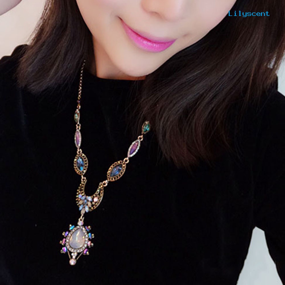 [LS]Fashion Boho Gaya Istana Gaya Shiny Rhinestone Moon Teardrop Oval Statement Necklace