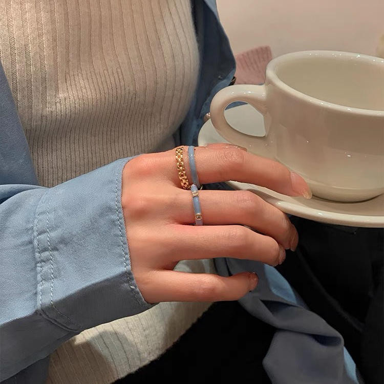 Biru Lapisan Ganda Terbuka Cincin Drip Glasir Cincin Polos Mode Cahaya Mewah Niche Unik ins Gaya Cincin Perhiasan