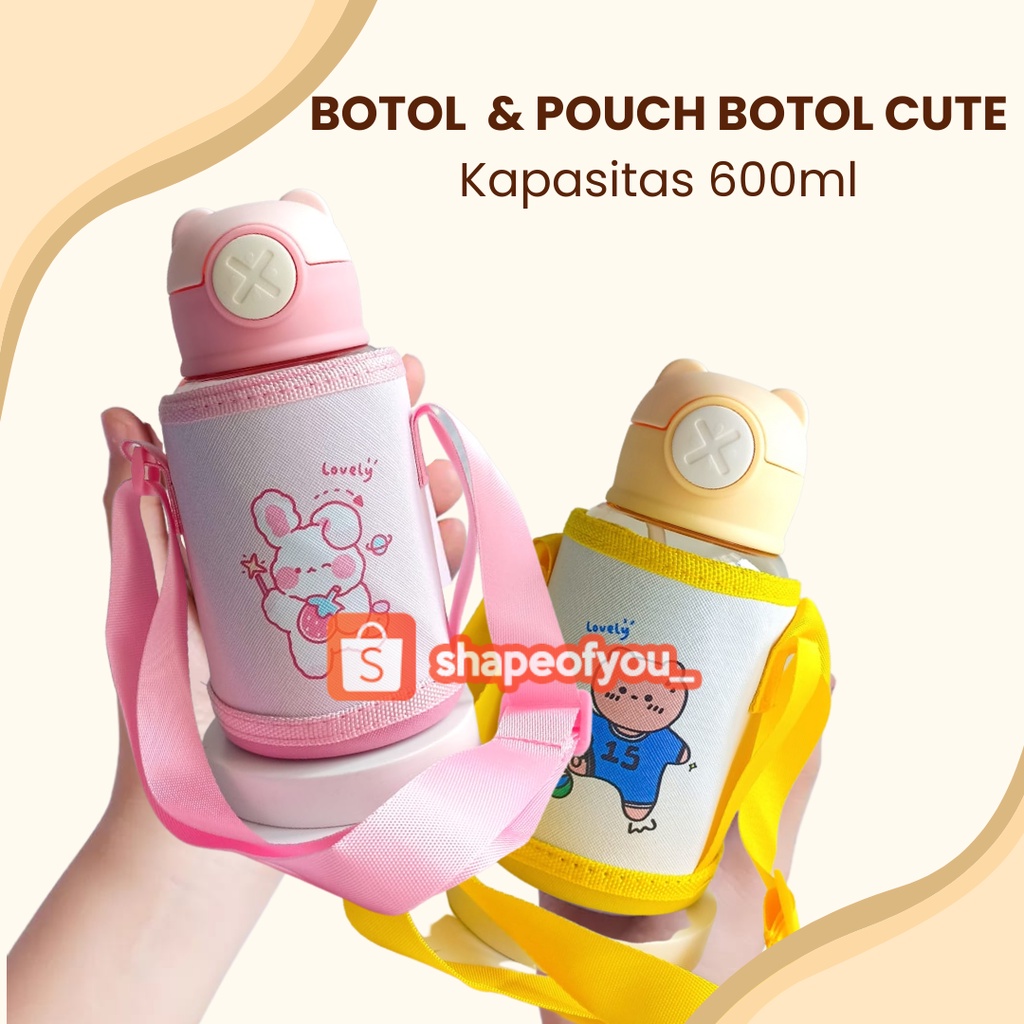 Botol Minum Anak Pouch Botol Anak Sedotan Tali Panjang 600ml Premium Bear Bottle Pink Biru