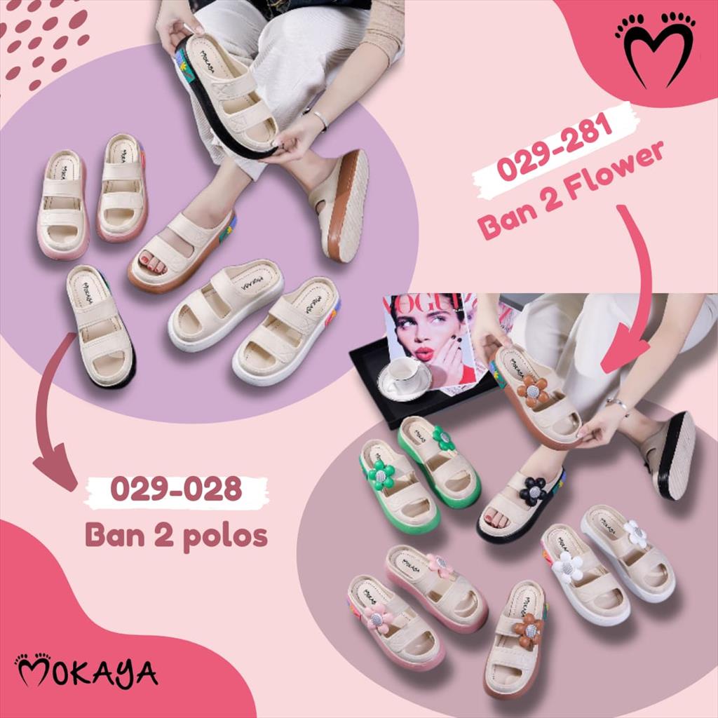 Sepatu Sandal Slop Wanita Ban 2 Polos &amp; Flower Platform Tebal Empuk Simple Elegant Super Kece Kekinian Import Mokaya / Size 36-41 (029-028 &amp; 029-0281)