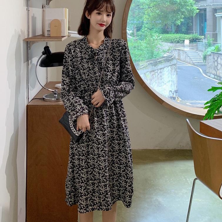 Terjamin COD 2022 New Fashion Warna Sifon Bunga White Hitam Wanita Midi Dress Korea Lengan Panjang M