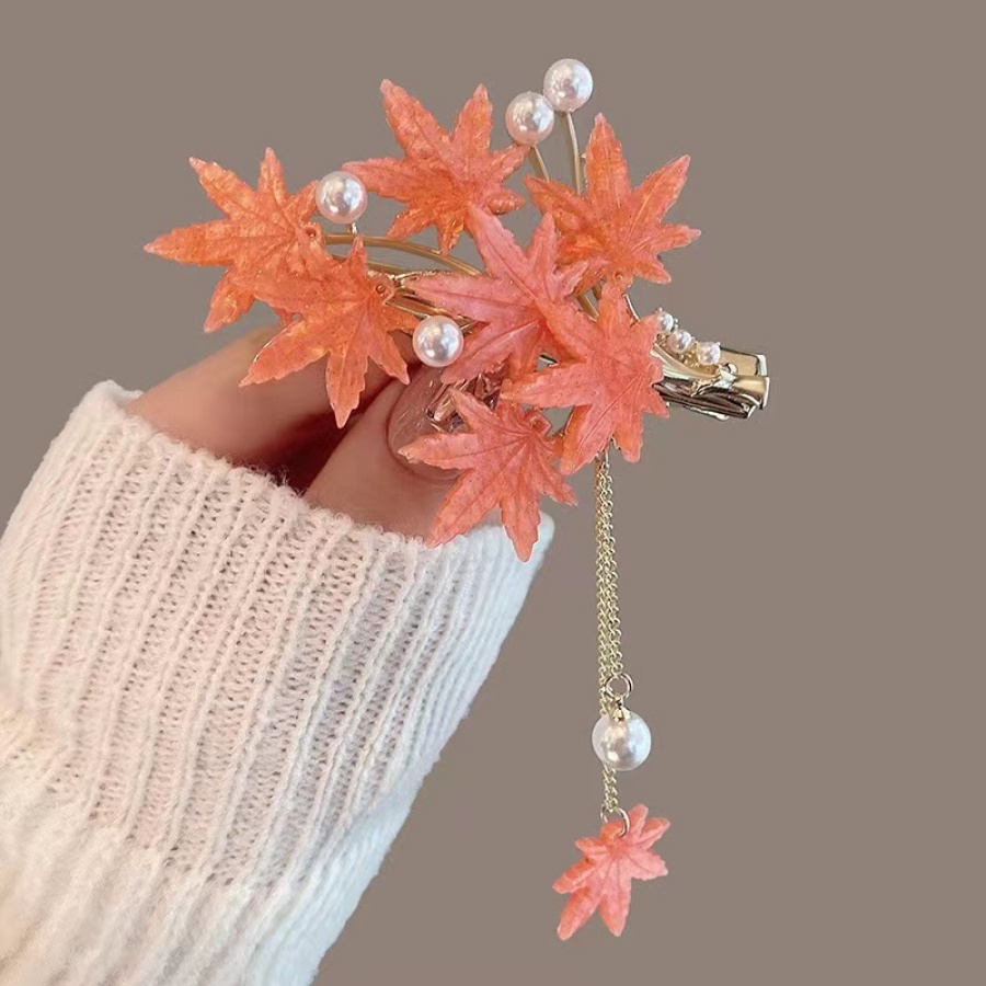 Korea Baru Daun Maple Mutiara Rumbai Jepit Rambut Wanita Alloy Hair Clip Side Clip Aksesoris Rambut