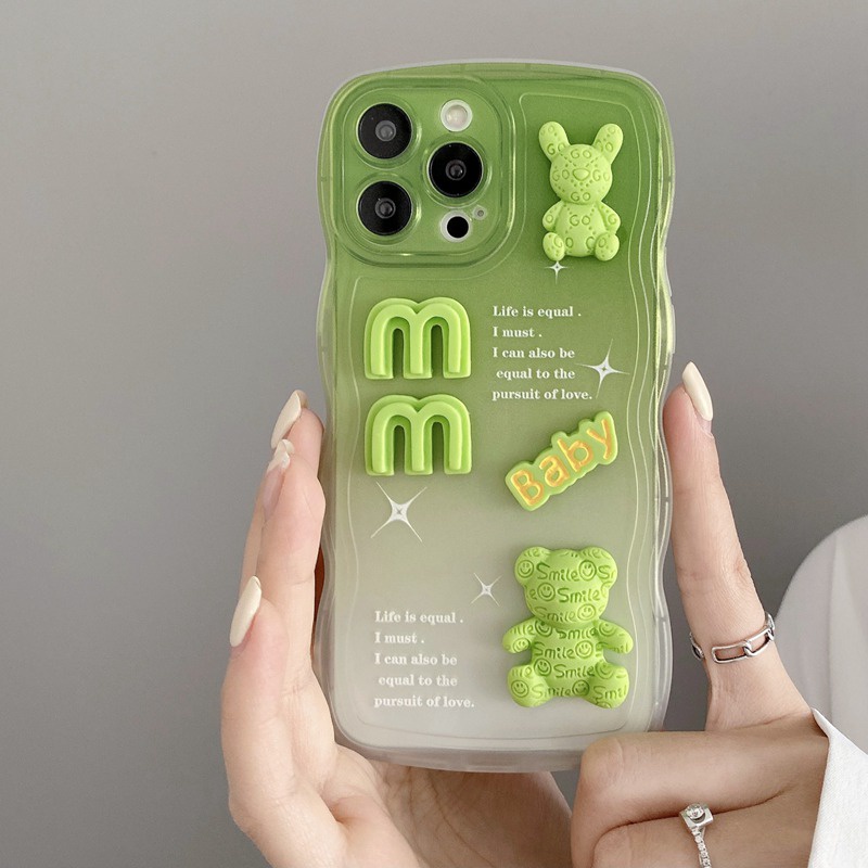 Green Baby Bear Bunny Doll Wave Soft Case iP iPhone 6 6S 7 8 14 + Plus SE 2020 X XR XS Max 11 12 13 Pro Max Casing Apple